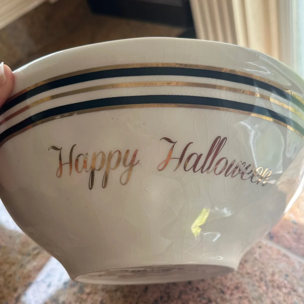 Festive Halloween Ceramic Bowl with Gold and Black Stripes